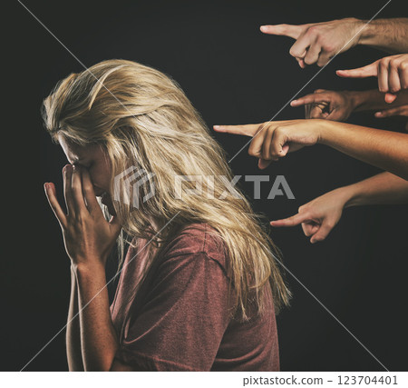 People judge depressed young woman, fear social anxiety and mental health burnout with fingers point at sad girl. Stressed person frustrated, emotional headache from failure and social bullying 123704401
