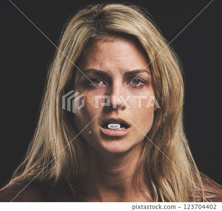 Woman, depression and sad with pills in mouth for mental health, psychology or stress. Girl, anxiety and crying for help with bipolar, paranoid or addiction with medicine in lips for wellness of mind Woman, depression and sad with pills in mouth for mental health, psychology or stress. Girl, anxiety and crying for help with bipolar, paranoid or addiction with medicine in lips for wellness of mind 123704402