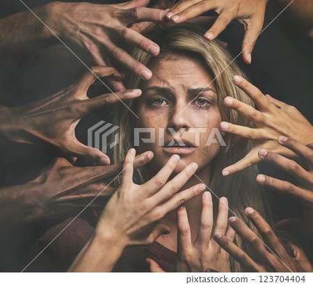 Hands, fear and sad woman with abuse, violence and crying with mental health, scared and anxiety. Portrait of woman with pain, rape and depression of toxic relationship, social conflict and depressed Hands, fear and sad woman with abuse, violence and crying with mental health, scared and anxiety. Portrait of woman with pain, rape and depression of toxic relationship, social conflict and depressed 123704404