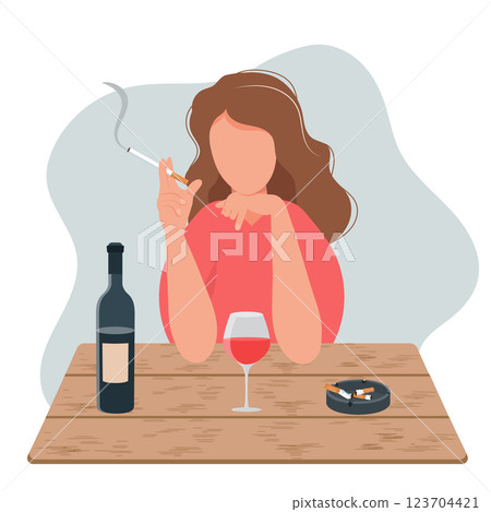 Sad girl is sitting at the table, smoking and drinking alcohol. Bottle of wine, dirty ashtray on the table. Depression, stress. Alcohol and nicotine addiction, harmful habit. Vector illustration 123704421