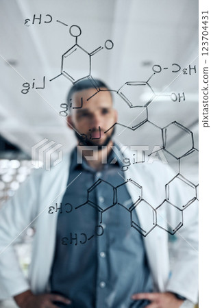 Chemistry man, glass wall and formula writing in science laboratory for medical research, healthcare study and dna analytics. Thinking scientist with chemical compound analysis in vaccine innovation 123704431
