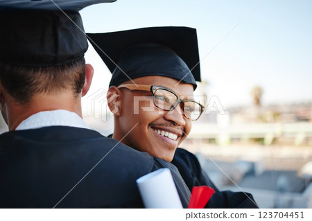 Happy, graduation and college graduate hug with happiness and congratulations outdoor smile. University, college success and diploma event of a black man getting a education degree and certificate Happy, graduation and college graduate hug with happiness and congratulations outdoor smile. University, college success and diploma event of a black man getting a education degree and certificate 123704451