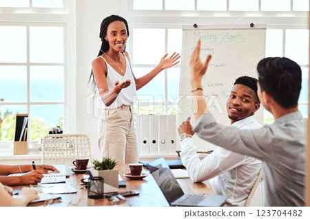 Training, workshop and question with a black woman leader giving presentation in meeting for coaching, learning and data. Collaboration, strategy and teamwork with a man raising hand for interaction 123704482