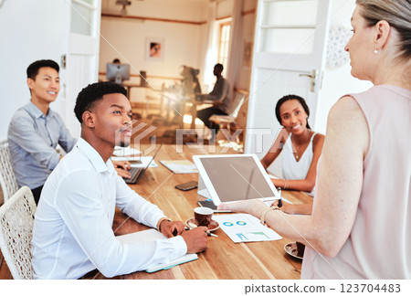 Startup meeting, business people and manager with tablet presentation for finance management, digital marketing report and staff update. Diversity staff in training workshop for company goal strategy 123704483