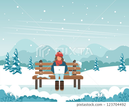 Happy girl sitting on a bench in the winter park with lap top and cup of coffee. Cartoon vector illustration for public garden, vacation concept. Happy girl sitting on a bench in the winter park with lap top and cup of coffee. Cartoon vector illustration for public garden, vacation concept. 123704492