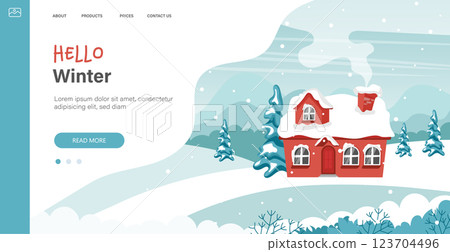 Winter landscape with cute houses and trees, merry Christmas greeting card template. Vector illustration in flat style Winter landscape with cute houses and trees, merry Christmas greeting card template. Vector illustration in flat style 123704496