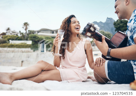 Love, relax and guitar with couple at the beach with champagne on Cancun vacation for travel, summer and music. Happy, holiday and romance with man and woman on sand for date, youth and relationship Love, relax and guitar with couple at the beach with champagne on Cancun vacation for travel, summer and music. Happy, holiday and romance with man and woman on sand for date, youth and relationship 123704535
