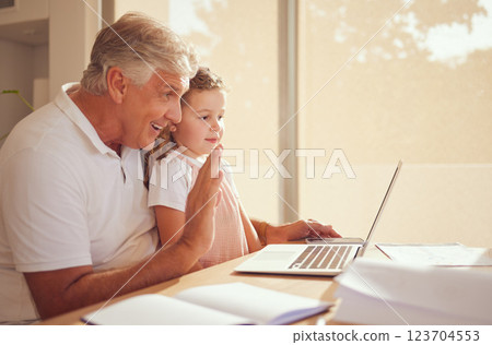 Elderly man, laptop and child on video call speaking and waving while relaxing in the family home. Happy, smile and grandfather and little girl greeting on a virtual call with a computer in the house 123704553