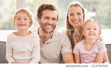 Family, children and smile on sofa for portrait together in living room happy in home, vacation or holiday. Mom, dad and kids show happiness, love and bonding on couch in lounge at their house Family, children and smile on sofa for portrait together in living room happy in home, vacation or holiday. Mom, dad and kids show happiness, love and bonding on couch in lounge at their house 123704565