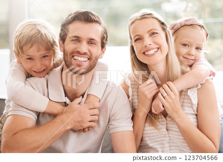 Happy family, father and mother portrait with children relaxing, hugging and enjoying fun quality time at home. Smile, mom and dad love bonding with young kids or boy and girl siblings affection Happy family, father and mother portrait with children relaxing, hugging and enjoying fun quality time at home. Smile, mom and dad love bonding with young kids or boy and girl siblings affection 123704566