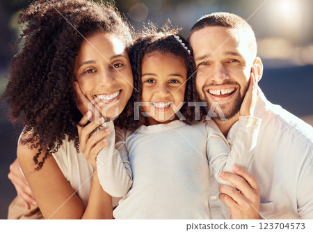 Family, smile and happy child with mom and dad bonding, happiness and showing love while together outside in summer. Portrait and face of a man, woman and girl kid outdoors to relax in brazil 123704573