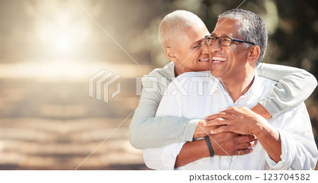 Happy, love and relax with old couple in park and hug together for health, nature and retirement. Smile, support and lifestyle with old man and woman in countryside for wellness, summer and vision 123704582