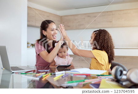 Learning, mother and child high five for home education success for a school students project, task and homework. Smile, celebration and happy mom babysitting a toddler and teaching her creative girl 123704595