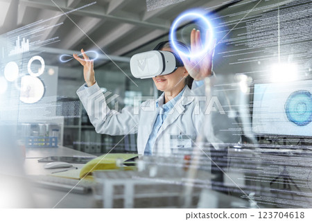 Science, VR hologram and scientist with futuristic data, 3d research software and digital innovation in laboratory for biotechnology. Virtual reality healthcare woman in ai future scifi matrix system 123704618