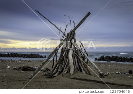 Pile of driftwood on beach Mattou, Ishikawa, Japan Pile of driftwood on beach Mattou, Ishikawa, Japan 123704646