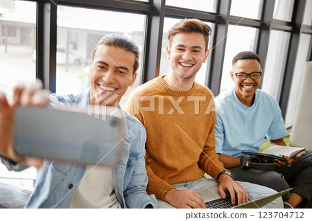 University students, men friends and phone selfie for social media at college, school and campus. Diversity, happy and gen z young group taking photos on phone for studying, education and learning 123704712