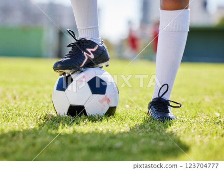 Soccer, ball and shoes of athlete on grass for training practice in fitness, sports and health. Motivation, exercise and workout with soccer player on football field for goals, wellness and games Soccer, ball and shoes of athlete on grass for training practice in fitness, sports and health. Motivation, exercise and workout with soccer player on football field for goals, wellness and games 123704777