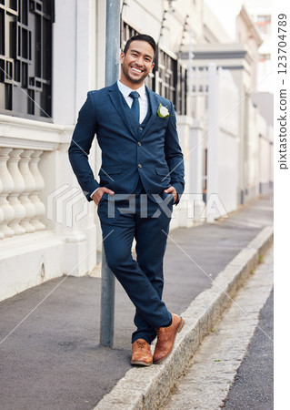 Happy, city and portrait of man for wedding, romantic celebration and ceremony in city. Fashion, suit and groom in town excited for marriage, commitment and relationship for love and partnership 123704789