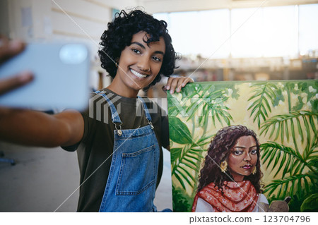 Phone selfie, woman or art painting for online shopping store, e commerce website or creative about us exhibition. Happy artist, smile or mobile technology in social media photograph of Indian canvas 123704796