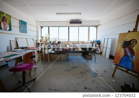 Interior, studio and workshop for art and design production for creative, small business or painting. Manufacturing, professional and service with art supplies and paint equipment warehouse room 123704832