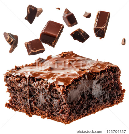 Decadent chocolate brownie with a glossy melted chocolate topping isolated on a transparent background. Rich, moist, and fudgy dessert with floating chocolate chunks 123704837
