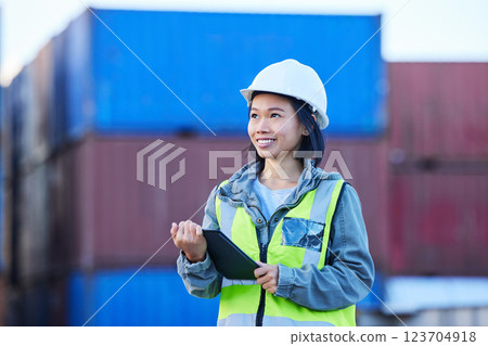 Cargo, logistics and shipping employee with tablet for digital checklist on container port for international transport. Asian woman industrial export manager working with inventory check with tech Cargo, logistics and shipping employee with tablet for digital checklist on container port for international transport. Asian woman industrial export manager working with inventory check with tech 123704918