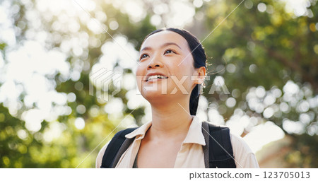 Thinking, hiking and Asian woman with nature, fitness and contemplating with weekend break. Japanese person, outdoor and hiker with hobby, adventure and carefree in forest, journey and traveling 123705013