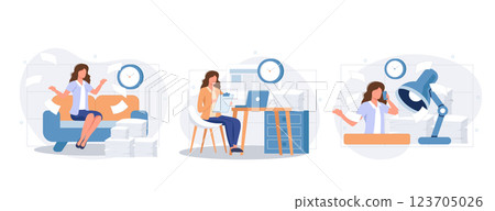 Deadline scenes bundle with people characters. Tired employees hurrying up on deadline at workplace, stressful situation and overtime work. Time management and effectivity flat vector illustration. Deadline scenes bundle with people characters. Tired employees hurrying up on deadline at workplace, stressful situation and overtime work. Time management and effectivity flat vector illustration. 123705026