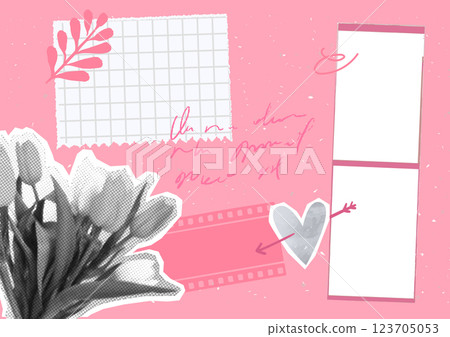 Spring scrapbook collage, halftone tulips sticker, pink paper background with film strip and heart doodle, cute girly design. Vector template of love story journal page Spring scrapbook collage, halftone tulips sticker, pink paper background with film strip and heart doodle, cute girly design. Vector template of love story journal page 123705053