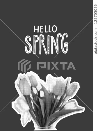 Spring collage poster, halftone tulips sticker, hello spring handwritten text, simple black and white floral design. Vector template greeting, sale poster Spring collage poster, halftone tulips sticker, hello spring handwritten text, simple black and white floral design. Vector template greeting, sale poster 123705056