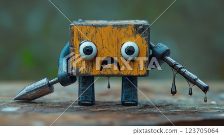 Sad robot toy holding tools and leaking oil 123705064