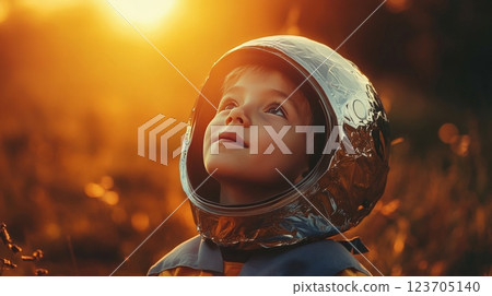 Little astronaut wearing helmet and looking up at sunset Little astronaut wearing helmet and looking up at sunset 123705140