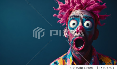 Clown with exaggerated makeup and pink hair opening his mouth in surprise Clown with exaggerated makeup and pink hair opening his mouth in surprise 123705204