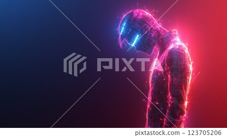 Digital human figure leaning forward in thoughtful pose 123705206