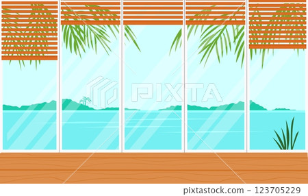 Panoramic window with jalousie. Interior of empty room with a view to ocean landscape. Tropical resort apartments with big window. Colorful summer background 123705229