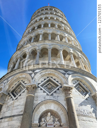Leaning Tower of Pisa close up at the sky background 123705355