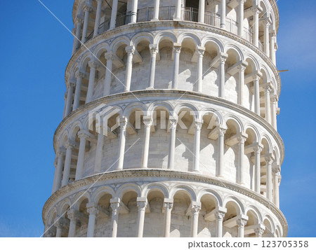 Leaning Tower of Pisa close up at the sky background Leaning Tower of Pisa close up at the sky background 123705358