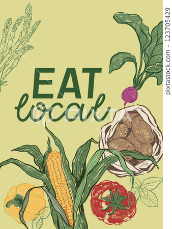 Vector vegetable poster of tomatoes, corn and potatoes. Hand-drawn garden harvest sketch. Tasty food illustration for restaurant and cafe interior, veggie market drawing print, fabric or background. 123705429