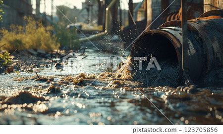 City pollution. Waste dirty sewage water flows from the pipe to the street. 123705856