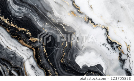 Elegant black, white, and gold marble texture with swirling abstract patterns, ideal for backgrounds or luxury designs 123705858