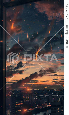 Stunning meteor shower at sunset over a city skyline, blending dramatic clouds with celestial beauty. 123705859