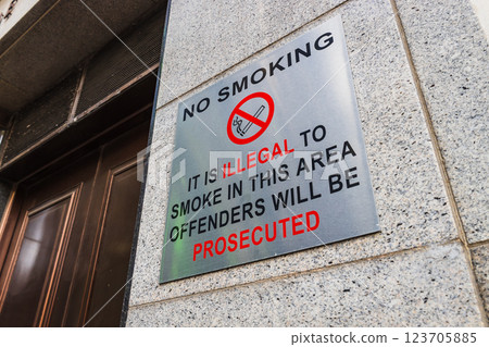 No Smoking Sign on a Wall Emphasizing Legal Restrictions and Public Safety Regulations 123705885