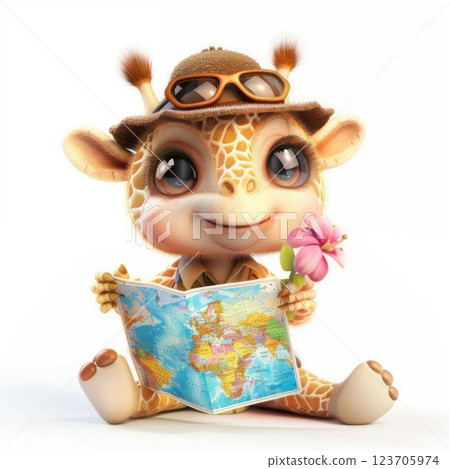A curious tourist giraffe holding a map, dressed for exploring the world, perfect for playful travel and journey designs. A curious tourist giraffe holding a map, dressed for exploring the world, perfect for playful travel and journey designs. 123705974