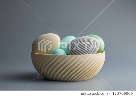 Easter decoration. Colorful eggs in bowl on grey background. 123706009