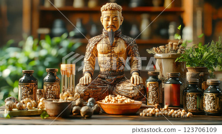 A wooden acupuncture model with traditional Chinese inscriptions, surrounded by ancient herbal medicine jars in a rustic apothecary setting 123706109