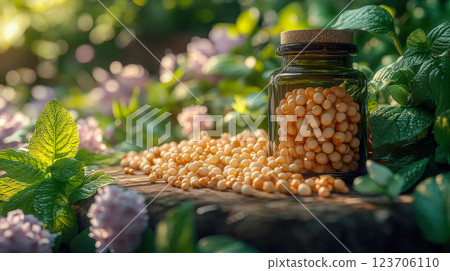 Glass jars filled with herbal capsules and vibrant flowers in a natural setting 123706110