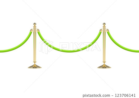 Barriers with green rope, seamless line. Realistic golden stanchion poles 123706141