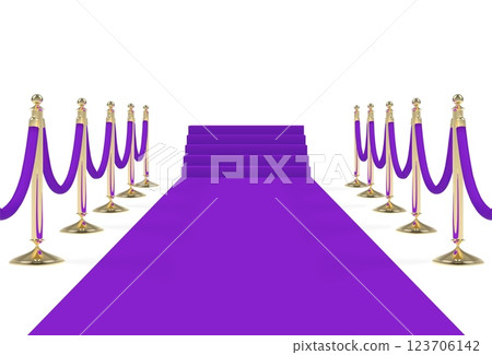 Purple carpet on stairs with ropes on golden stanchions 123706142