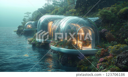 Futuristic glass greenhouses cling to a verdant cliffside, overlooking the tranquil ocean waters. 123706186