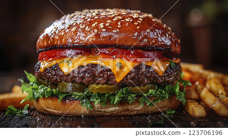 An appetizing cheeseburger piled high with toppings sits beside crispy fries, ready to be enjoyed. 123706196